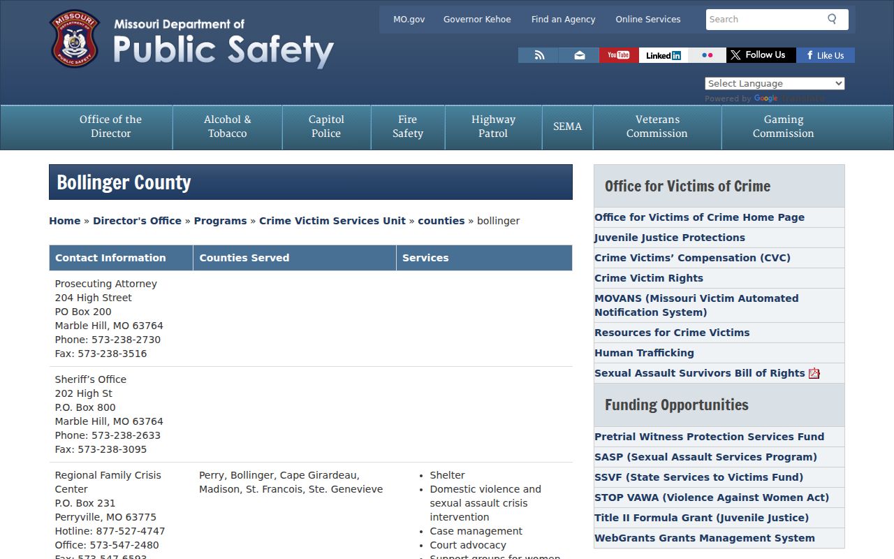 Bollinger County arrest history justice-agency contact directory