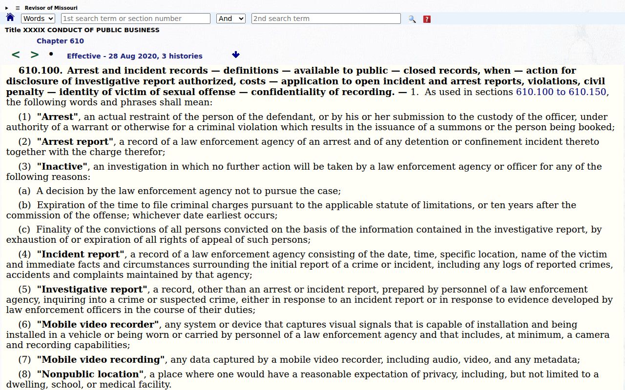 Missouri law for Bollinger County arrest and incident reports