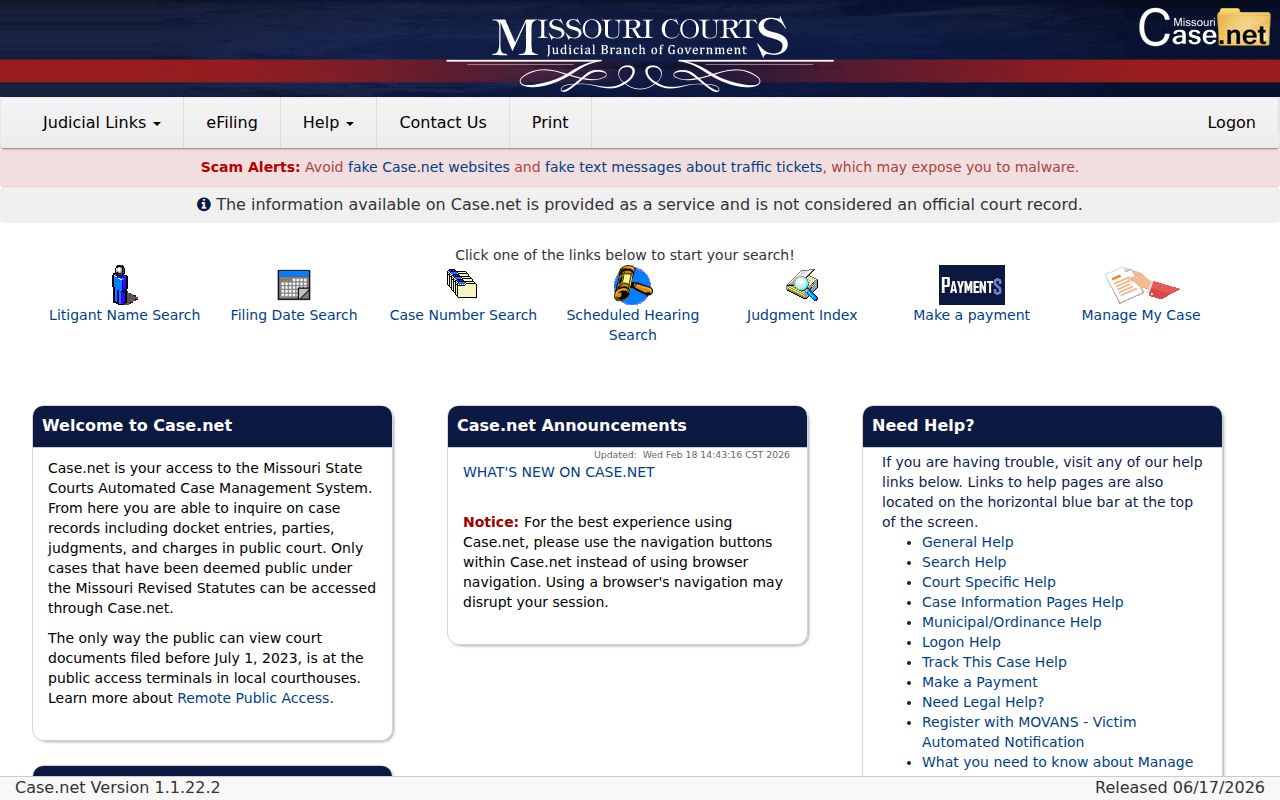 Bollinger County criminal court case search entrance in Missouri Case.net