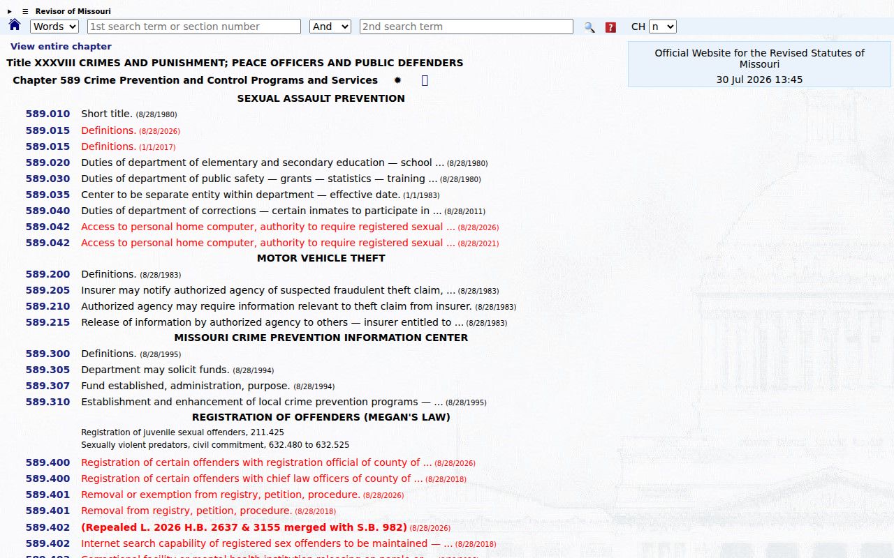 Bollinger County sex offender registry requirements in Missouri law
