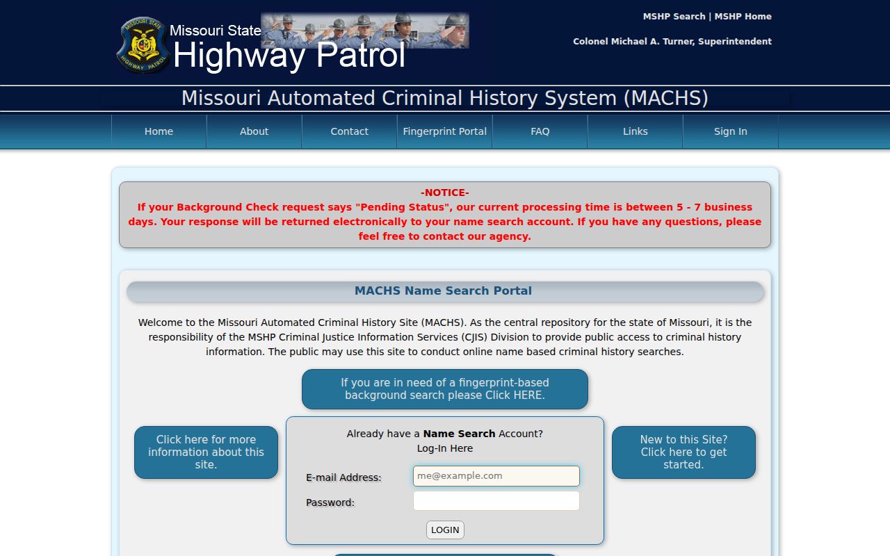 Bollinger County criminal history MACHS name-check gateway