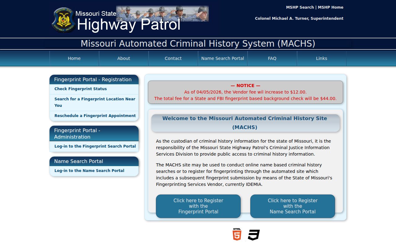 Bollinger County criminal record fingerprint registration through MACHS